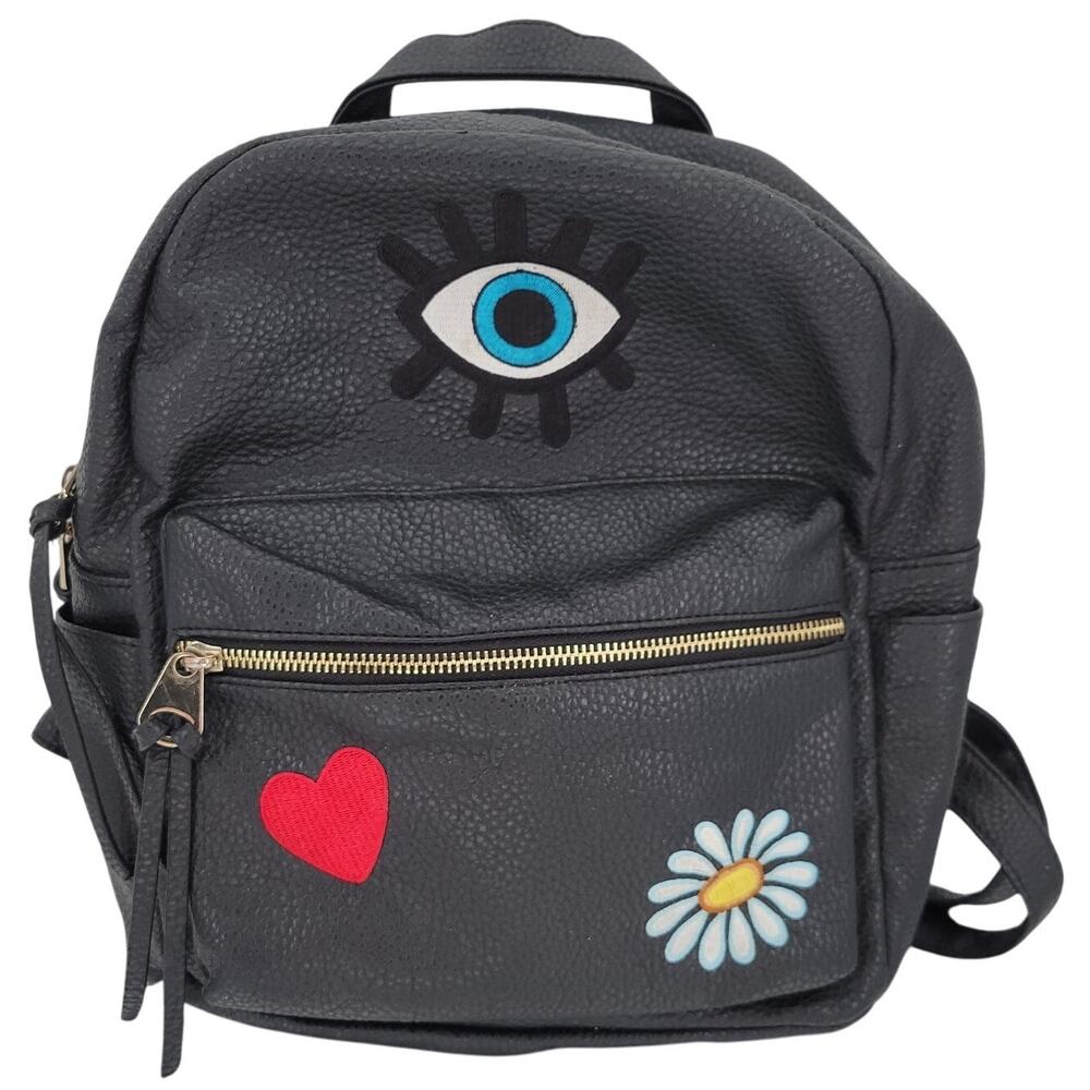 Black Faux Vegan Leather Backpack Applique Heart Lips Eye Flower Kidcore Funky‎